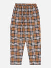 Close-up of the Brown Ikat Twill Check Long Pyjama Set. The brown, black, red, and white plaid pants are on a white background.