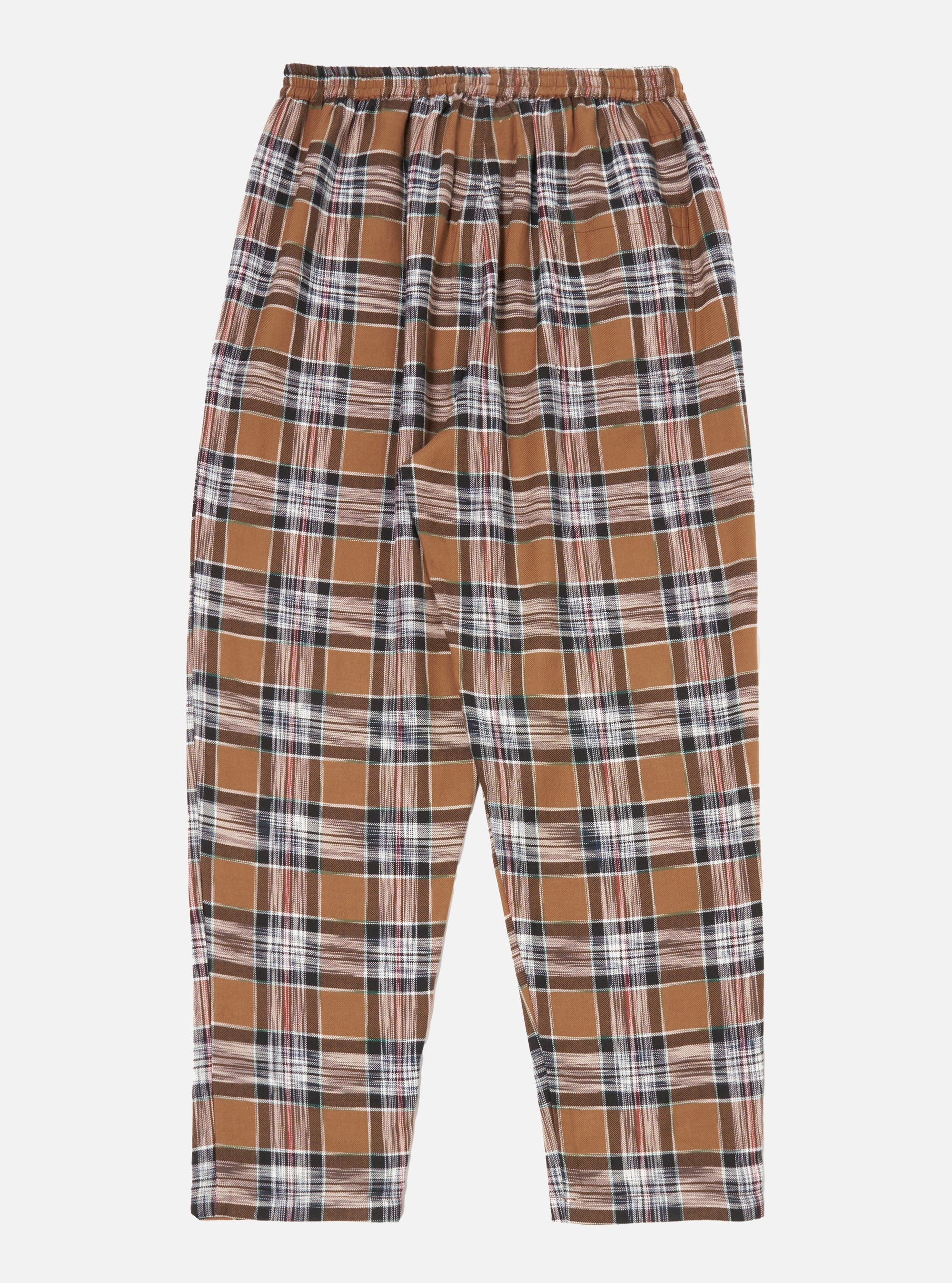 Close-up of the Brown Ikat Twill Check Long Pyjama Set. The brown, black, red, and white plaid pants are on a white background.