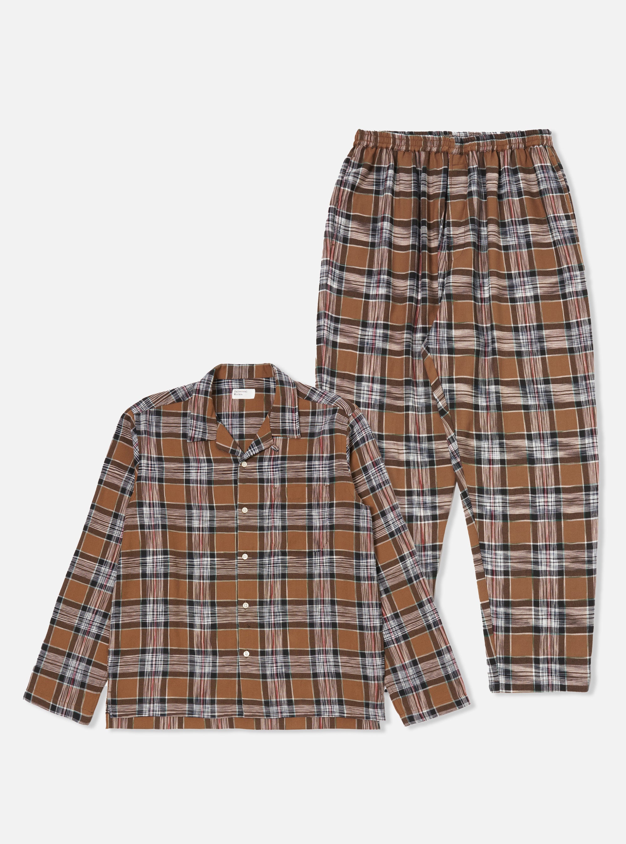 The Brown Ikat Twill Check Long Pyjama Set is laid out on a white background. The set features a brown, black, and white check pattern.