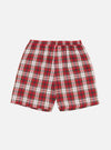 Close-up of the Red Madras Check Short Pyjama Set on a white background. The red, white, and green plaid shorts have an elastic waistband.