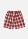 The Red Madras Check Short Pyjama Set laid flat on a white background. The shorts are red, white, and green plaid with an elastic waistband.