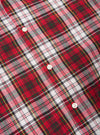 Close-up of the Red Madras Check Short Pyjama Set. Features a red, white, green, and black plaid pattern with white buttons. The fabric is neatly arranged on a flat surface.