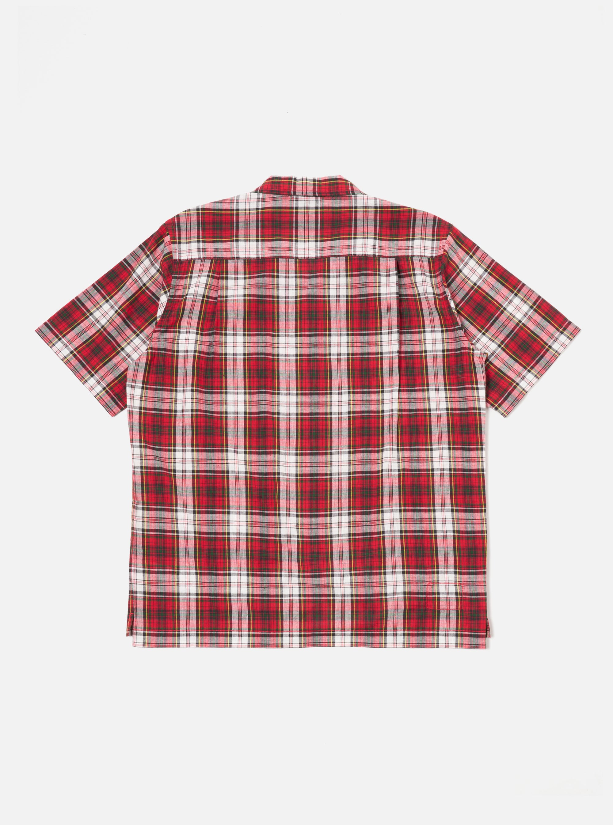 Back view of the Red Madras Check Short Pyjama Set shirt on a white background. The shirt features a classic red, white, and black plaid pattern.