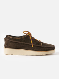 The Zardus for Universal Works Dark Brown Suede Jack shoe on a white background. The shoe is dark brown suede with tan laces and a thick, light sole.