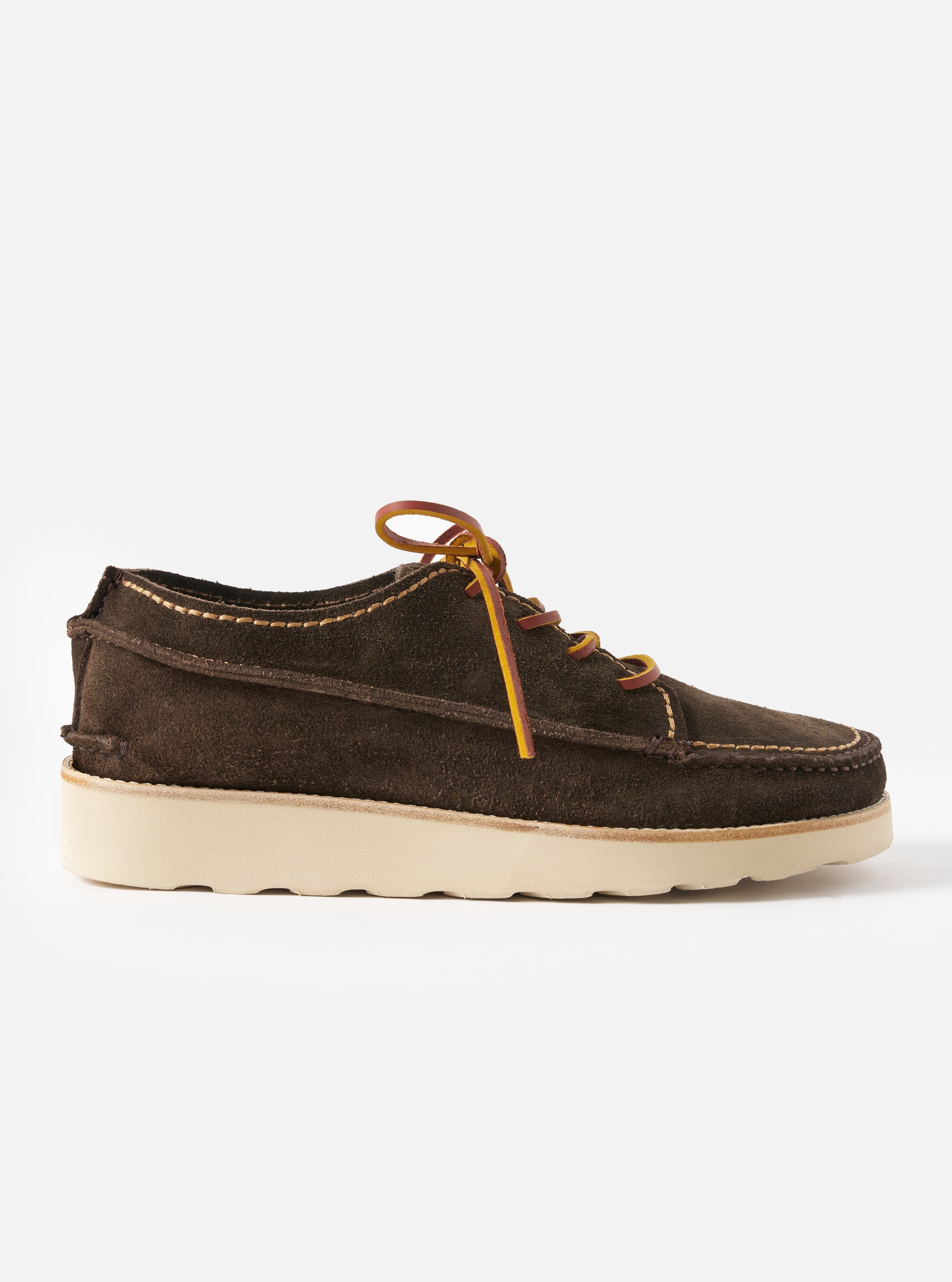 The Zardus for Universal Works Dark Brown Suede Jack shoe on a white background. The shoe is dark brown suede with tan laces and a thick, light sole.
