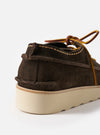 Close-up of the Zardus for Universal Works Dark Brown Suede Jack shoe on a white background. The shoe features dark brown suede, tan stitching, and tan laces.