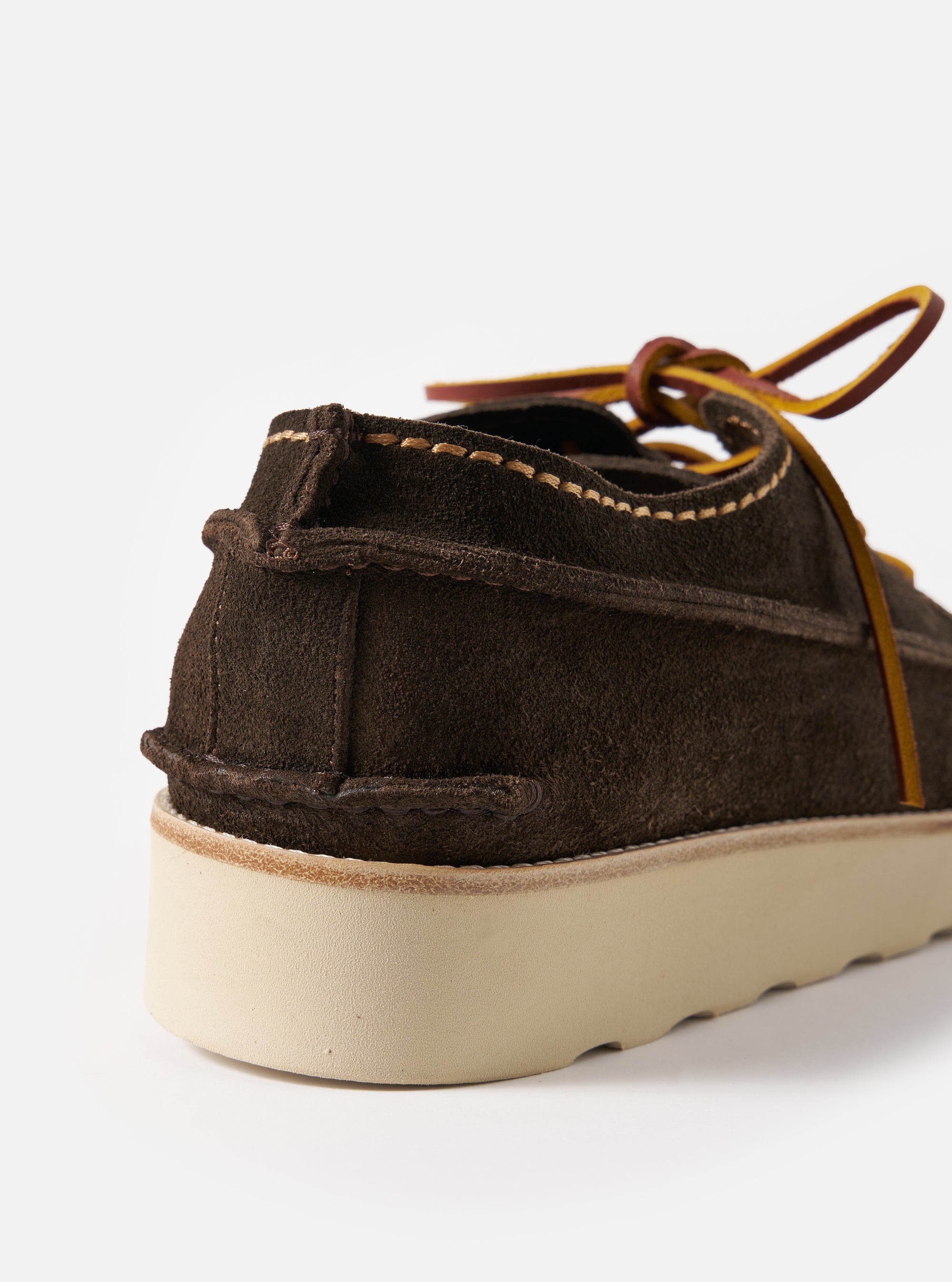 Close-up of the Zardus for Universal Works Dark Brown Suede Jack shoe on a white background. The shoe features dark brown suede, tan stitching, and tan laces.