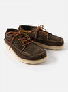 Zardus for Universal Works Dark Brown Suede Jack shoes on a white background. The shoes are dark brown suede with light brown laces and a white sole.