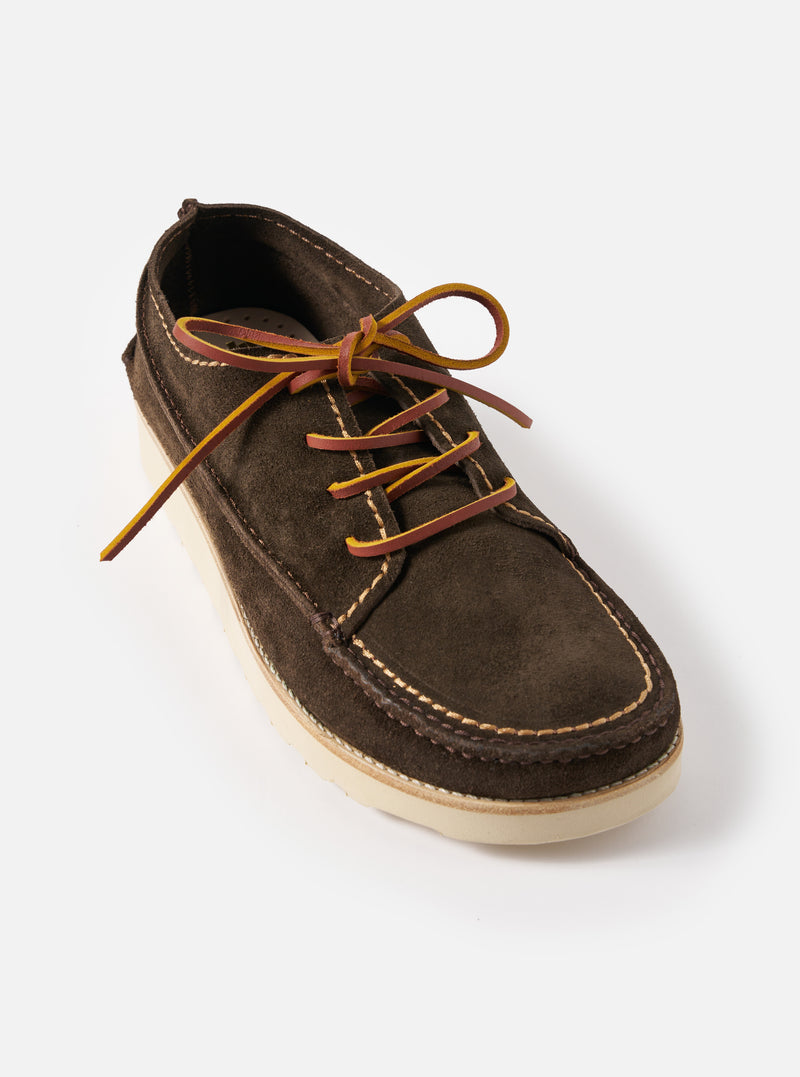 Close-up of the Zardus for Universal Works Dark Brown Suede Jack shoe on a white background. The shoe features brown suede and two-tone laces.