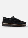Studio shot of Zardus for Universal Works Black Suede Oliver shoe. The black suede shoe is on a white background.