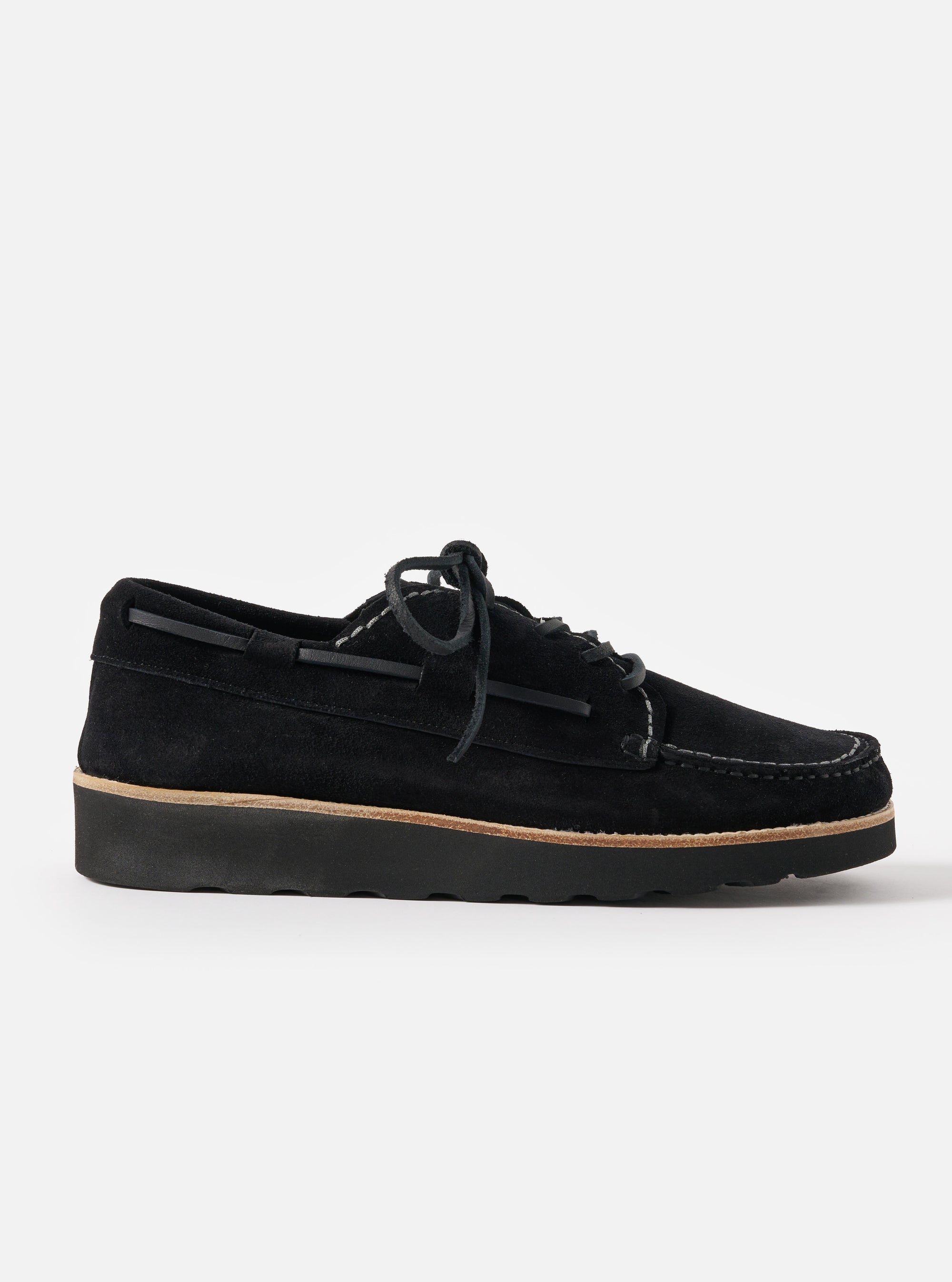 Studio shot of Zardus for Universal Works Black Suede Oliver shoe. The black suede shoe is on a white background.
