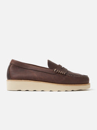 Side view of the Zardus for Universal Works Brown Leather Reggie Loafer on a white background. The shoe has a thick, light-colored sole.