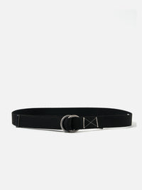 The Black Canvas O Ring Belt is displayed on a white background. The belt is black canvas with a silver O ring. Stitching details are visible.
