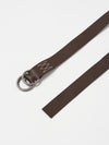 Close-up of a Brown Leather O Ring Belt on a white surface. The belt features a silver O-ring and visible stitching.