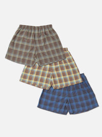 The Multi Check 3 Pack Boxer Short on a white background. The boxers are brown, yellow, and blue plaid. They have an elastic waist and a relaxed fit.