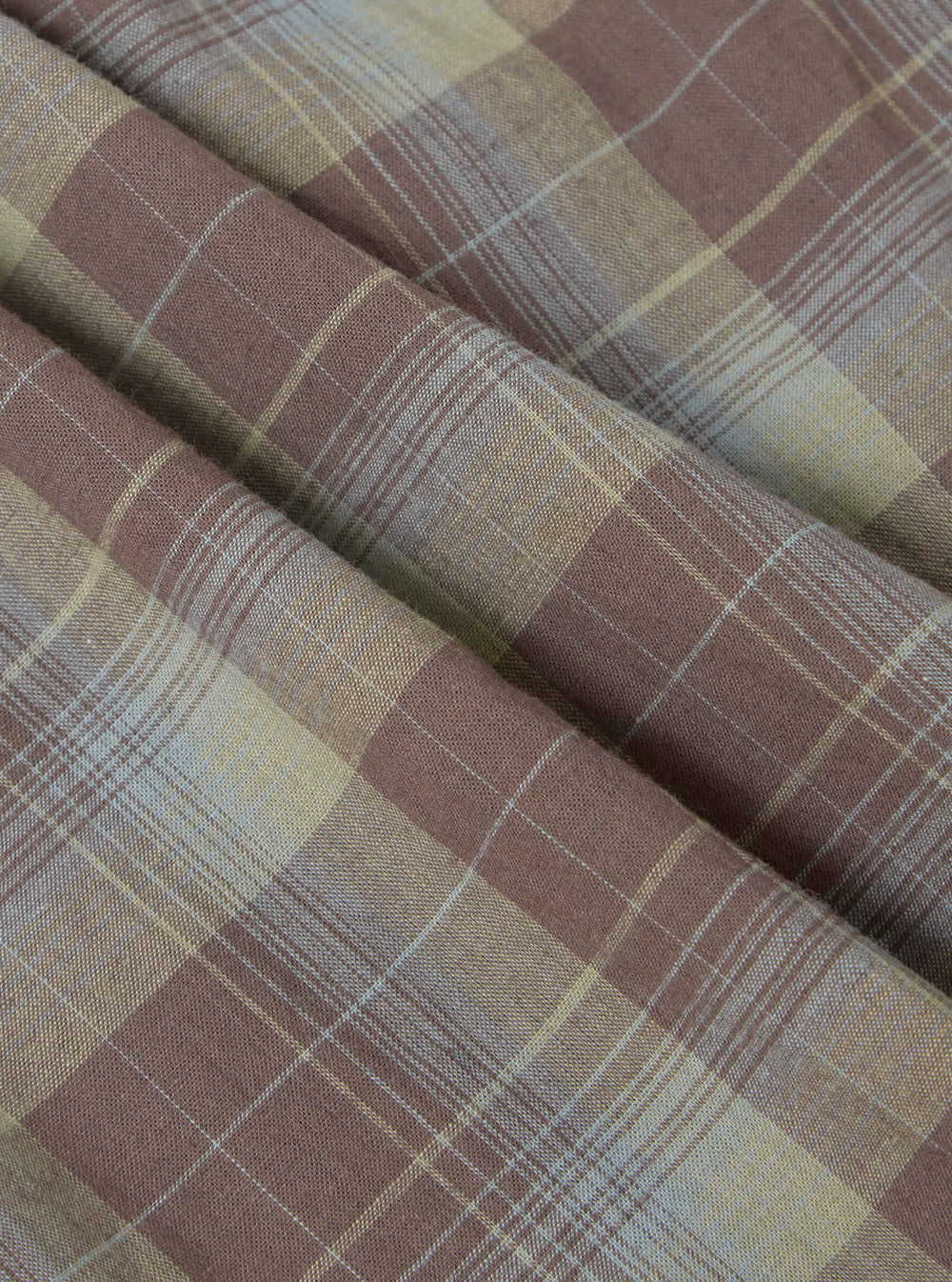 Close-up of the Multi Check 3 Pack Boxer Short fabric. The material is a soft, woven plaid in muted brown, beige, and blue tones, draped to show texture.