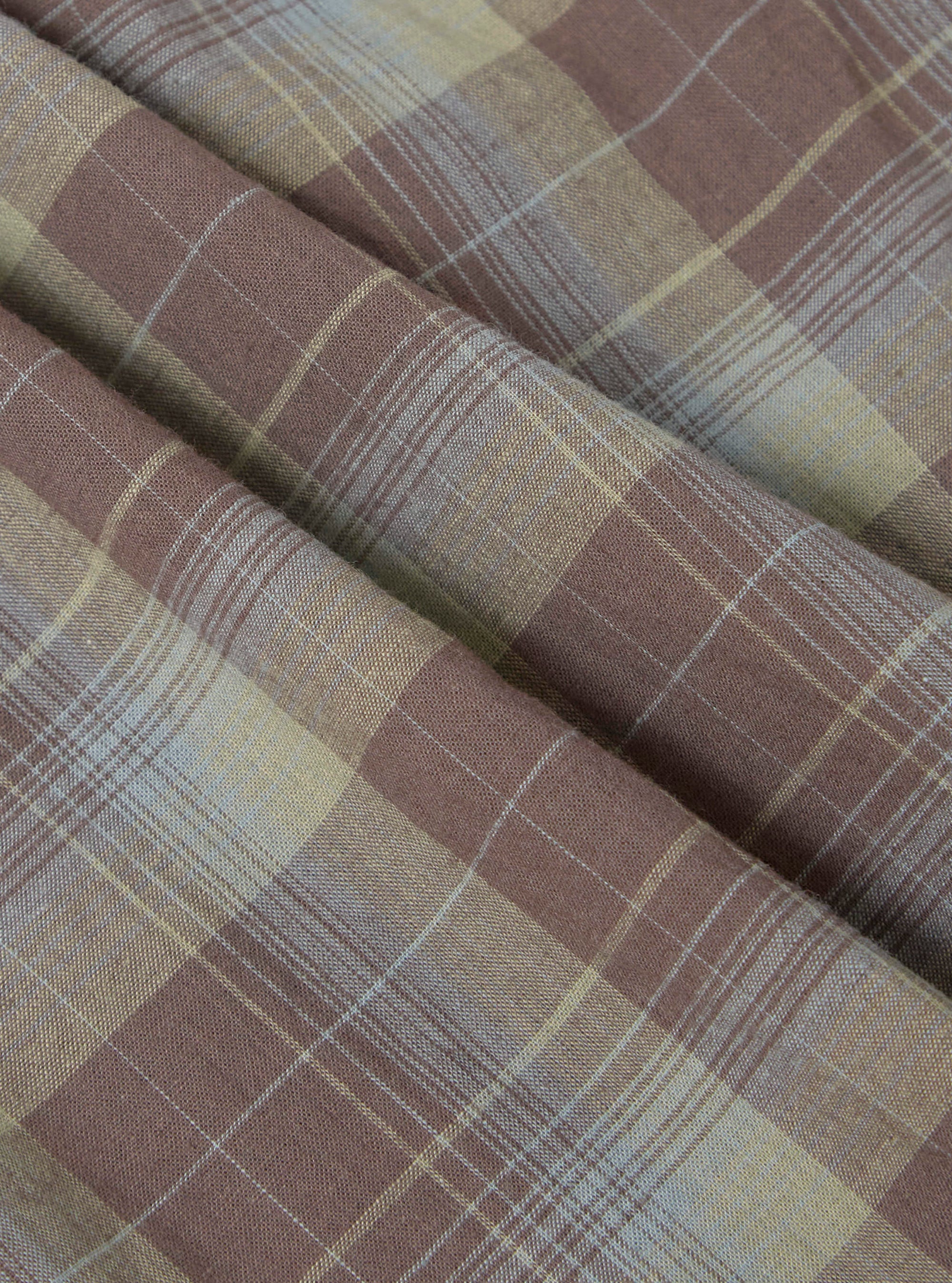 Close-up of the Multi Check 3 Pack Boxer Short fabric. The material is a soft, woven plaid in muted brown, beige, and blue tones, draped to show texture.
