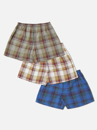 Stacked Multi Kip Check 3 Pack Boxer Short on a white background. The boxers are cotton, with elastic waistbands and plaid patterns in green, tan, and blue.