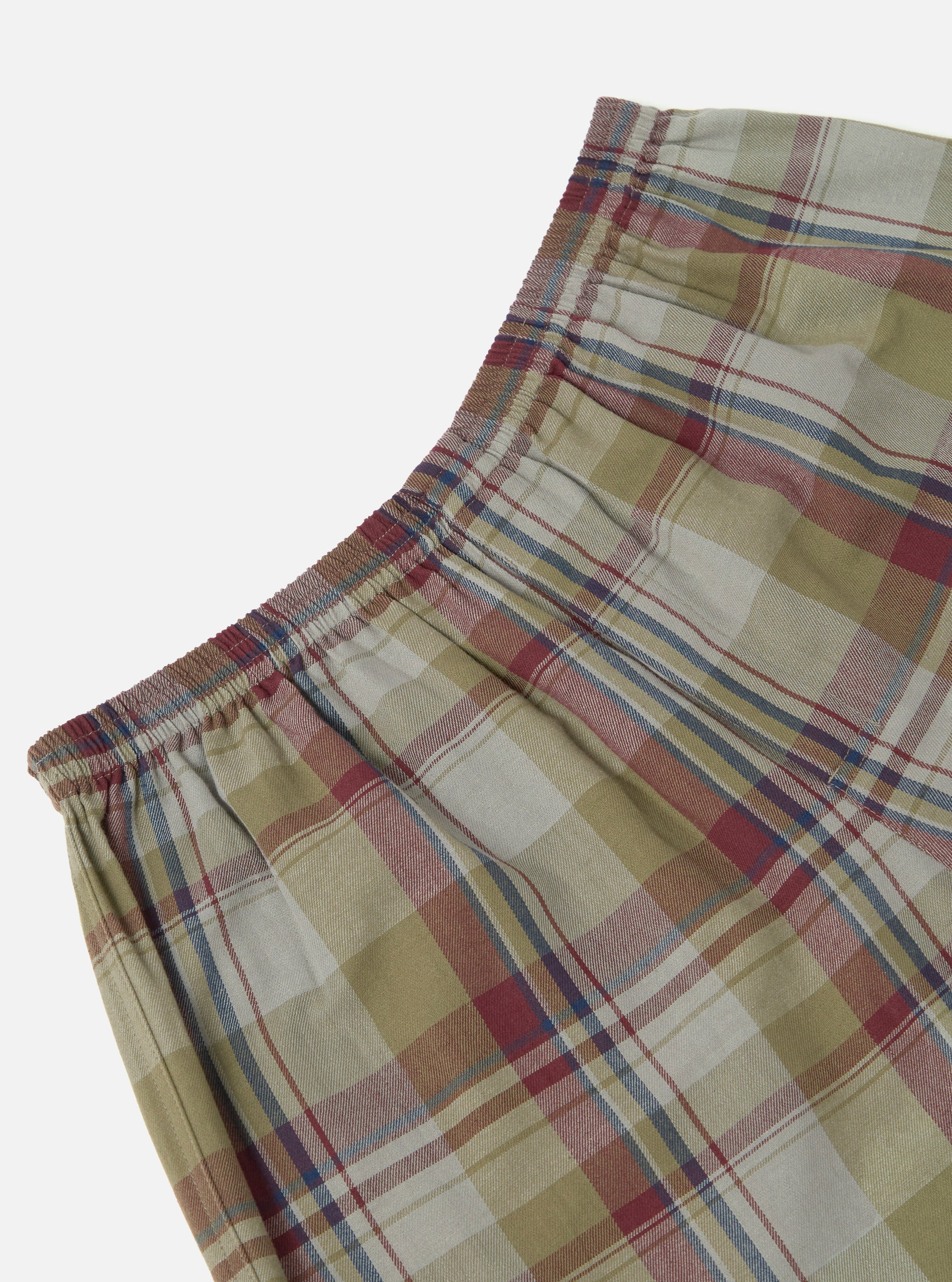 Close-up of Multi Kip Check 3 Pack Boxer Short showing the elastic waistband and plaid pattern in red, blue, and beige on a white background.