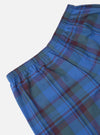 Close-up of Multi Kip Check 3 Pack Boxer Short. Blue, green, and maroon plaid pattern. Elastic waistband. Cotton material. Shot on a white background.