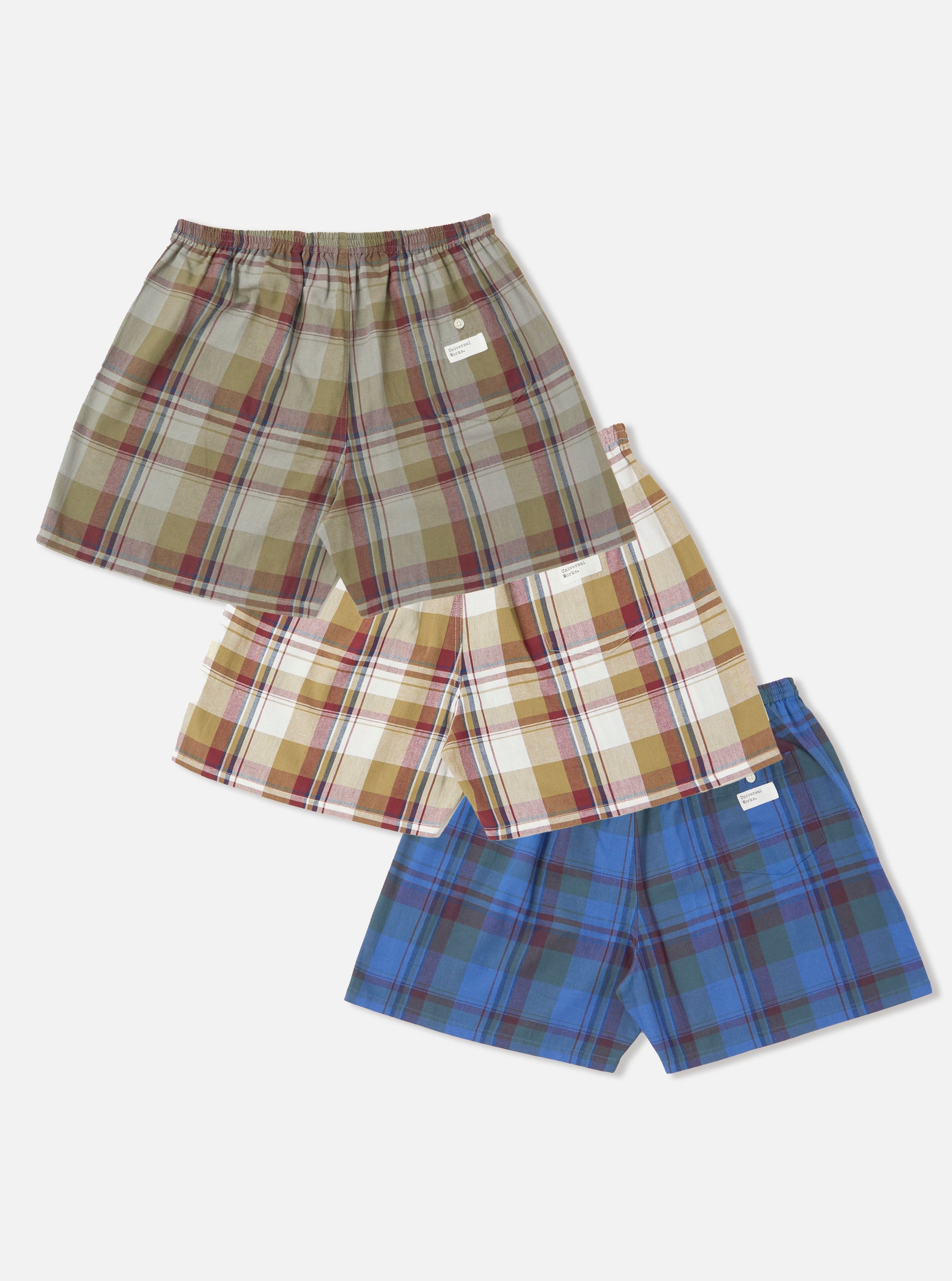 Stacked Multi Kip Check 3 Pack Boxer Short on a white background. Features elastic waistbands and plaid patterns in green, tan, and blue.