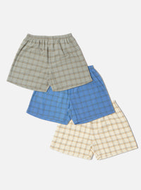 Multi PJ Plaid 3 Pack Boxer Short. Three pairs of plaid boxer shorts in gray, blue, and cream on a white background. Elastic waist and relaxed fit.