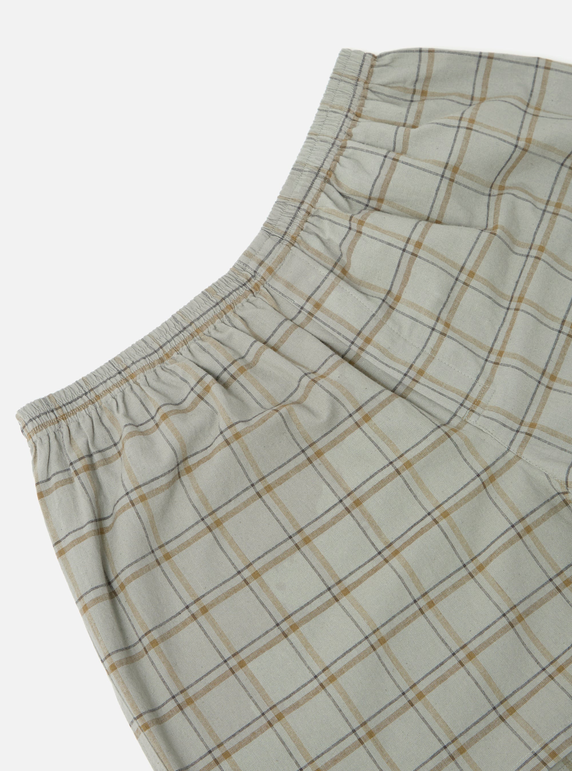 Close-up of Multi PJ Plaid 3 Pack Boxer Short on a white background. The plaid pattern features beige, brown, and gray lines. Elastic waistband is visible.