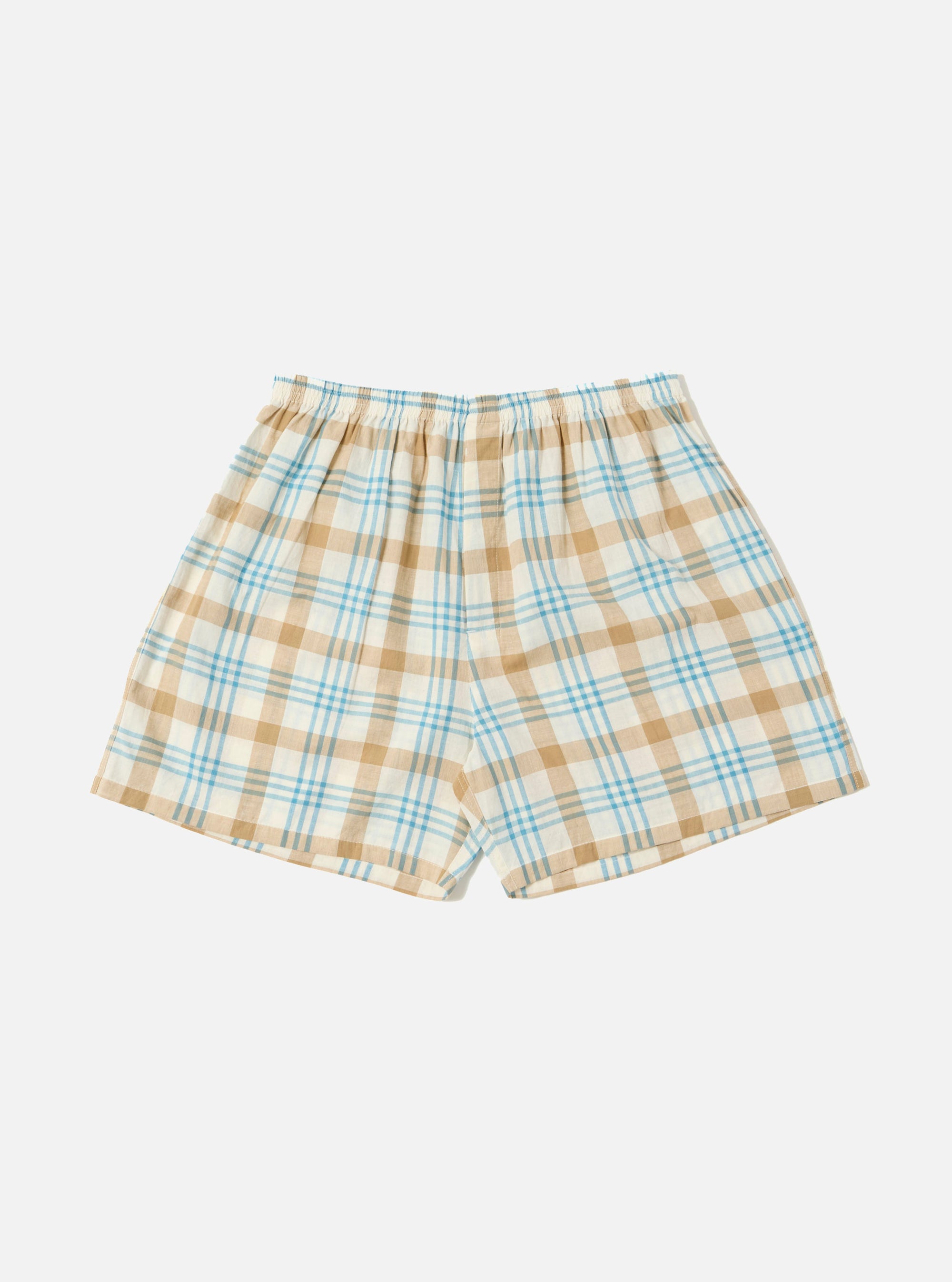 The Ecru Madras Check Boxer Short on a white background. The shorts have a blue and tan plaid pattern with an elastic waistband.