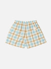 The Ecru Madras Check Boxer Short on a white background. The shorts are ecru with a blue and tan check pattern. They have an elastic waistband.