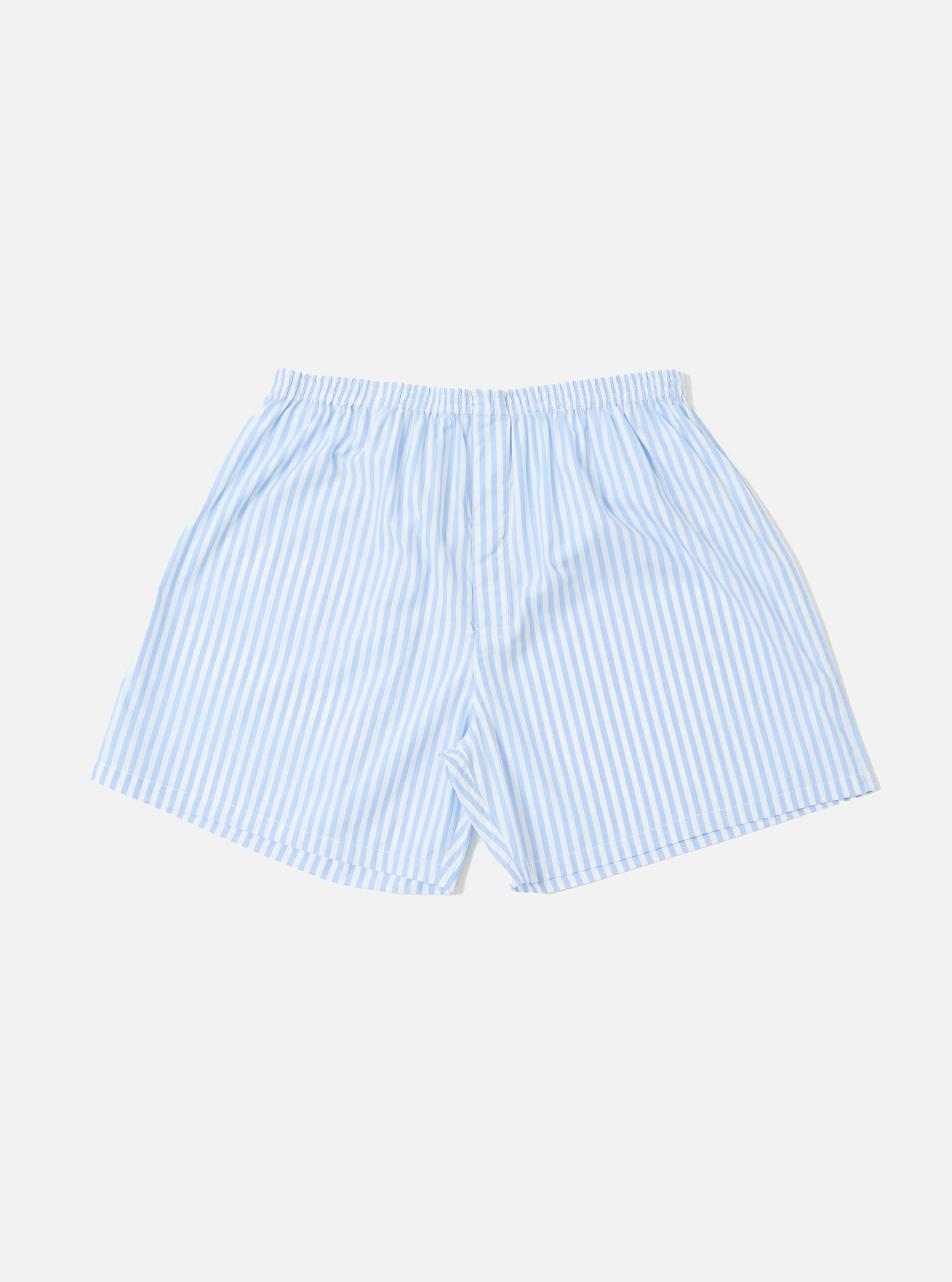 The Blue Classic Stripe Boxer Short, featuring light blue and white stripes, is displayed on a white background. The boxer short has an elastic waistband.