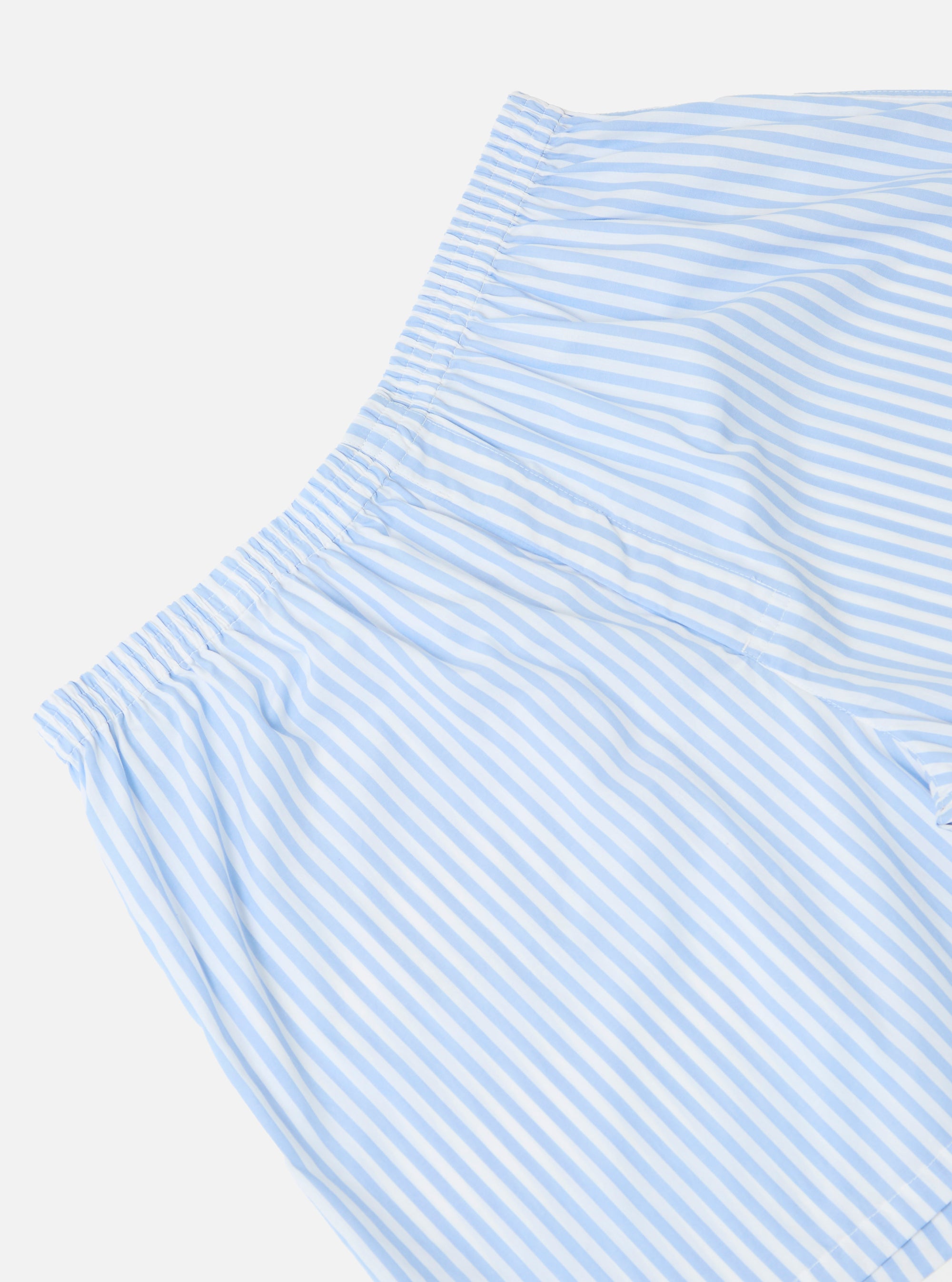 Close-up of the Blue Classic Stripe Boxer Short on a white background, showing the elastic waistband and the light blue and white striped pattern.