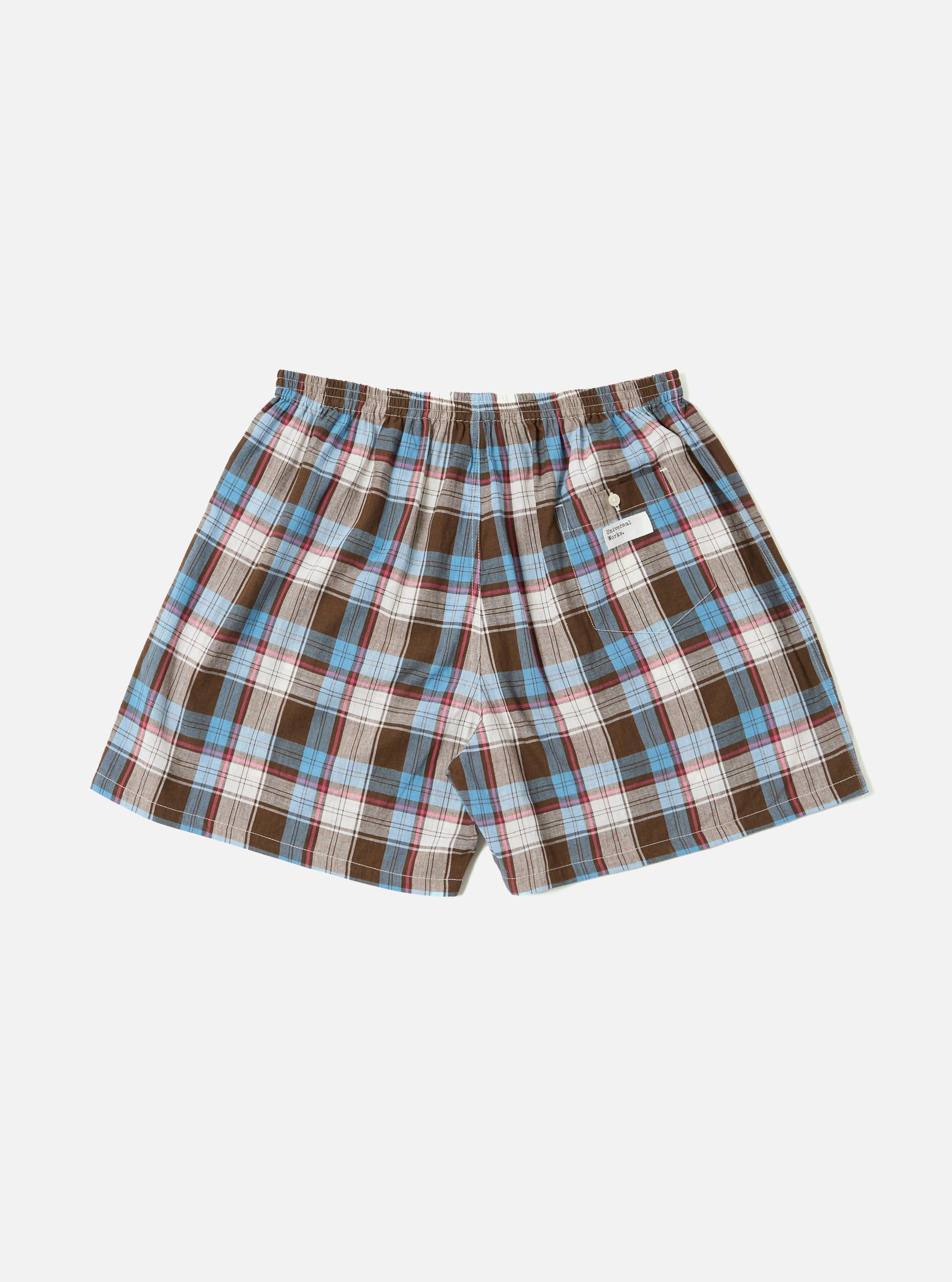 The Blue/Brown Check 3 Boxer Short on a white background. The boxer shorts have a blue, brown, and white plaid pattern with an elastic waistband.
