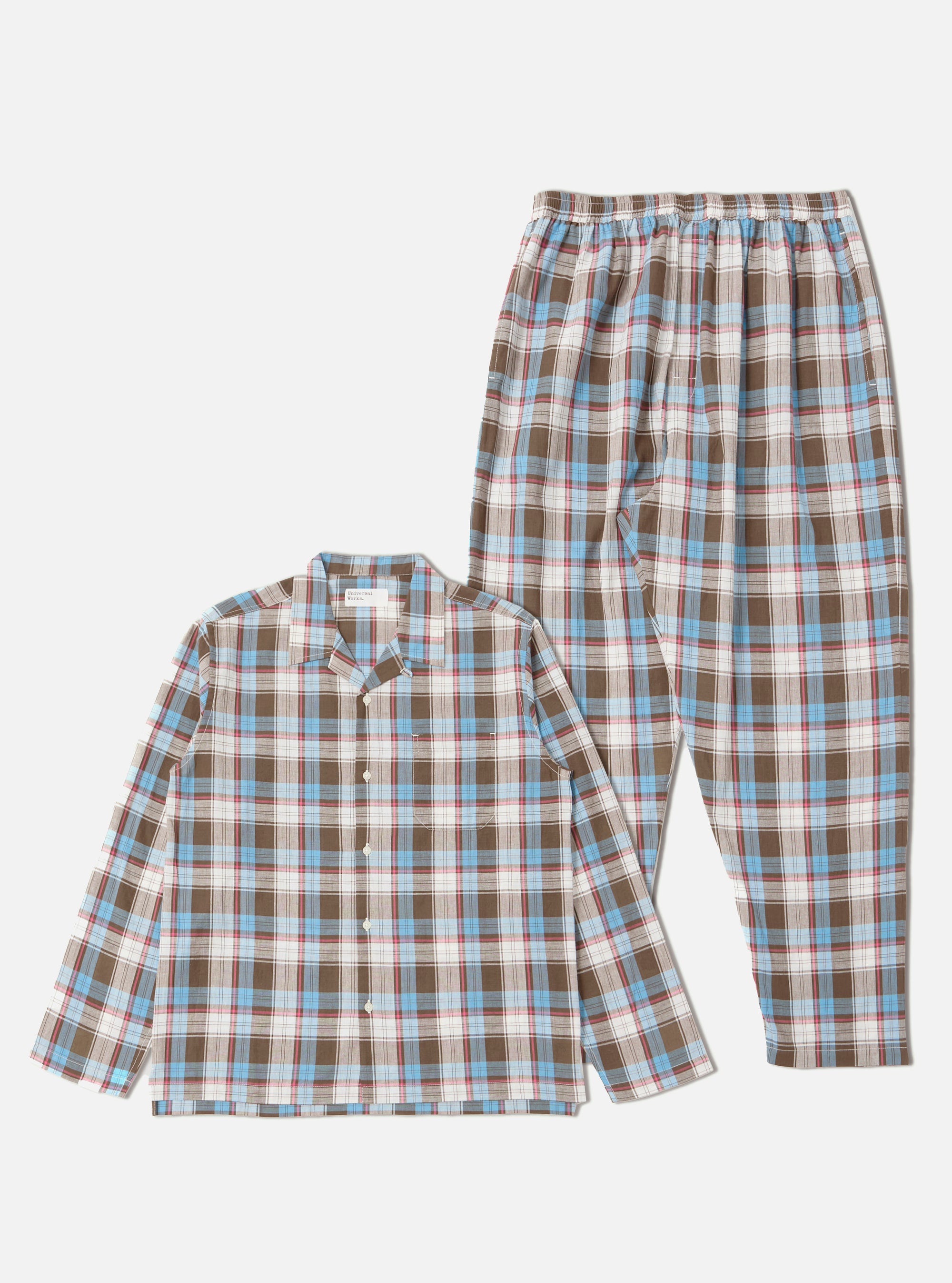 The Blue/Brown Check 3 Long Pyjama Set, featuring a long-sleeved top and matching trousers in a blue, brown, and white plaid pattern, laid out on a clean white background.