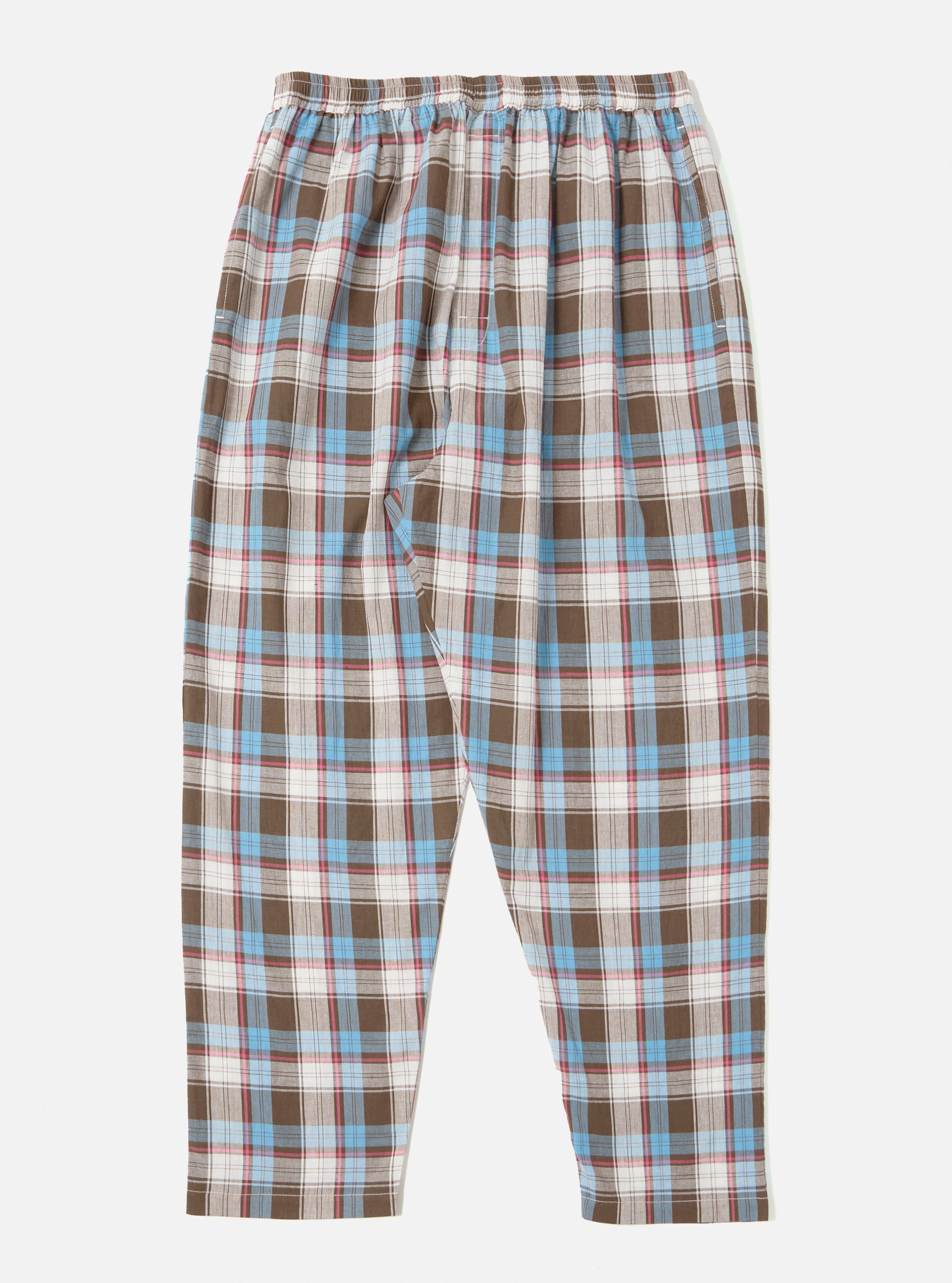 Close-up of the Blue/Brown Check 3 Long Pyjama Set on a white background. The pyjama bottoms feature a blue, brown, and white plaid pattern with an elastic waistband.