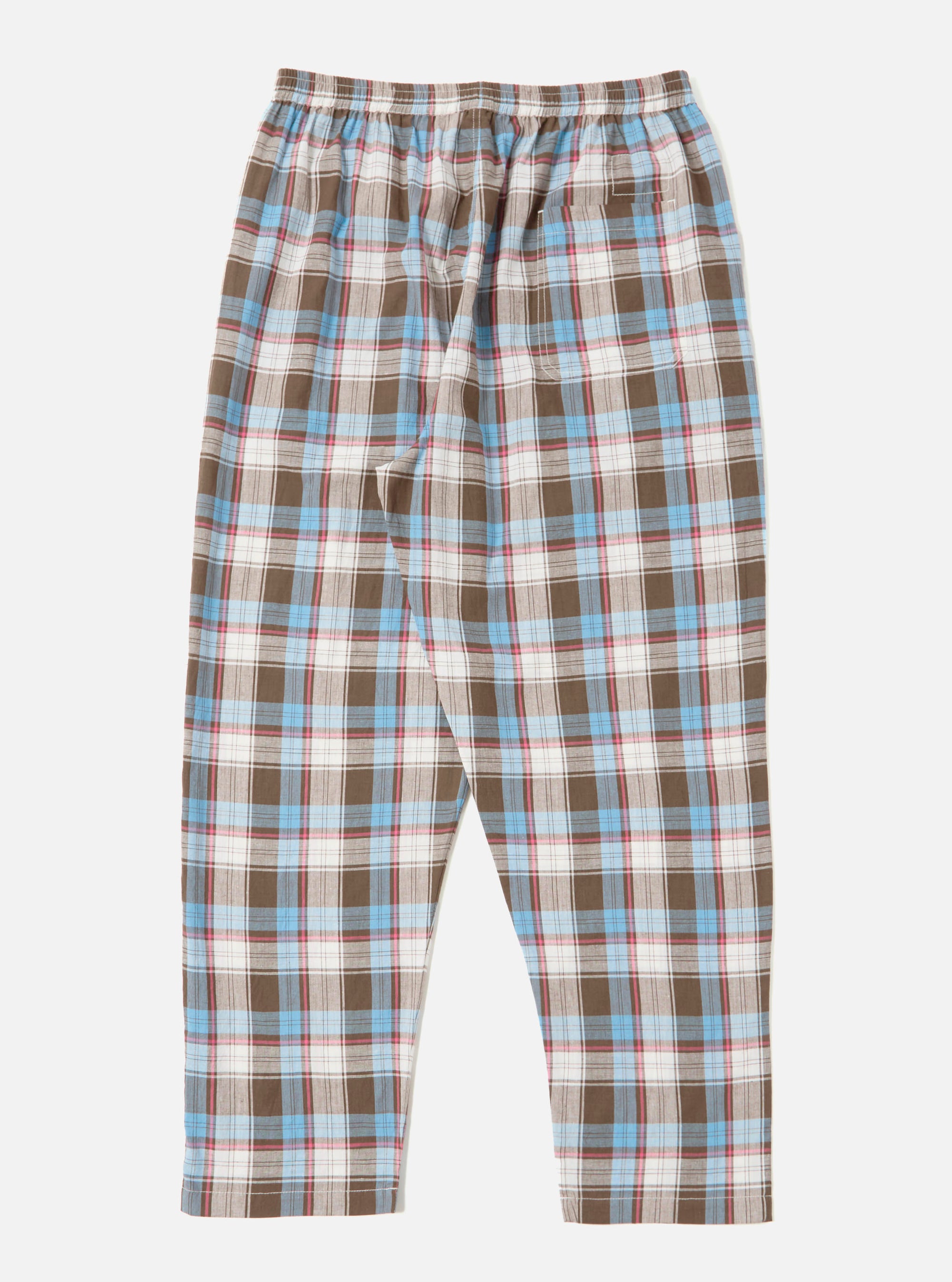 Close-up of the Blue/Brown Check 3 Long Pyjama Set pants, showcasing the blue, brown, and white plaid pattern on a white background.