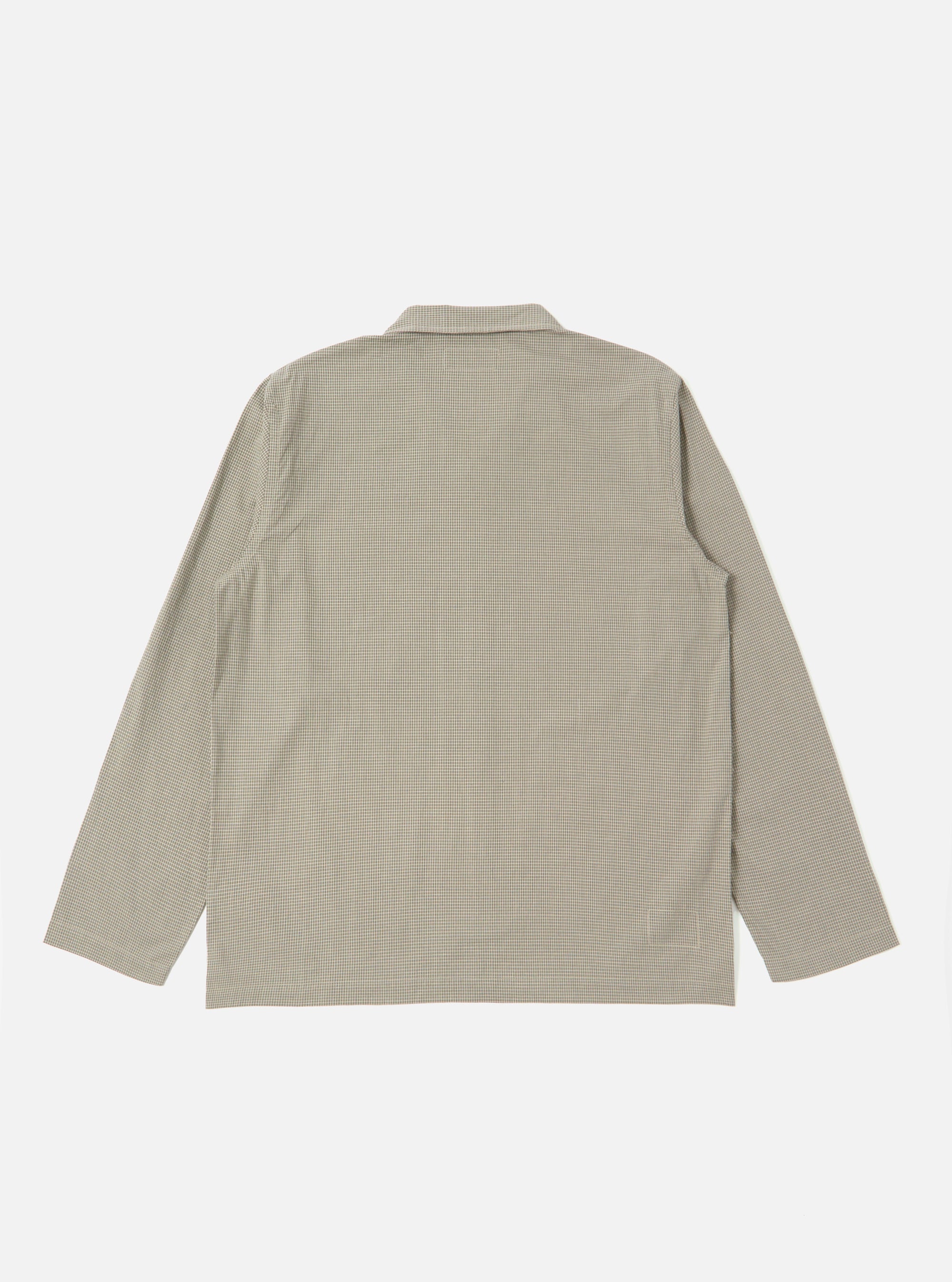 Close-up of the Green Tiny Check Long Pyjama Set top, showcasing the tiny check pattern and long sleeves. The set is laid on a clean, white background.