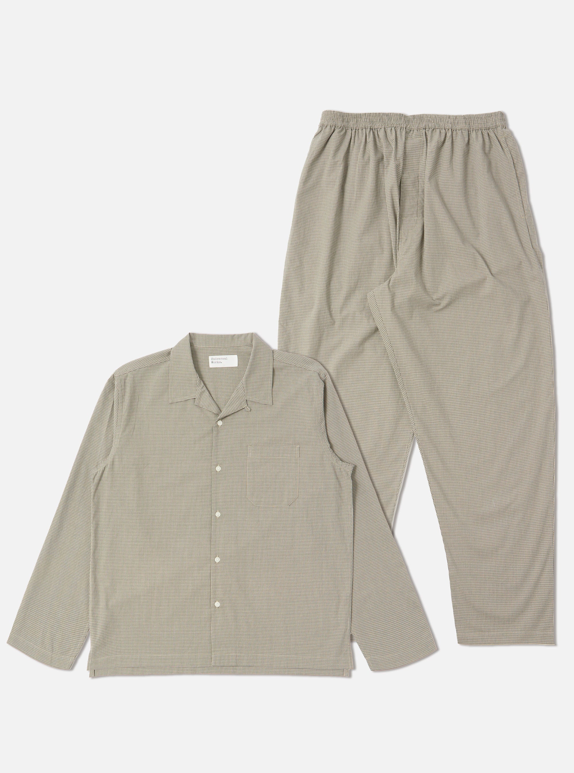 The Green Tiny Check Long Pyjama Set, laid out on a white background. The set features a button-down shirt and elastic-waist pants in a subtle green and white check pattern.