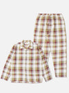 The Red/Brown Kip Check Long Pyjama Set is laid out on a white background. The set features a red, brown, and white check pattern.