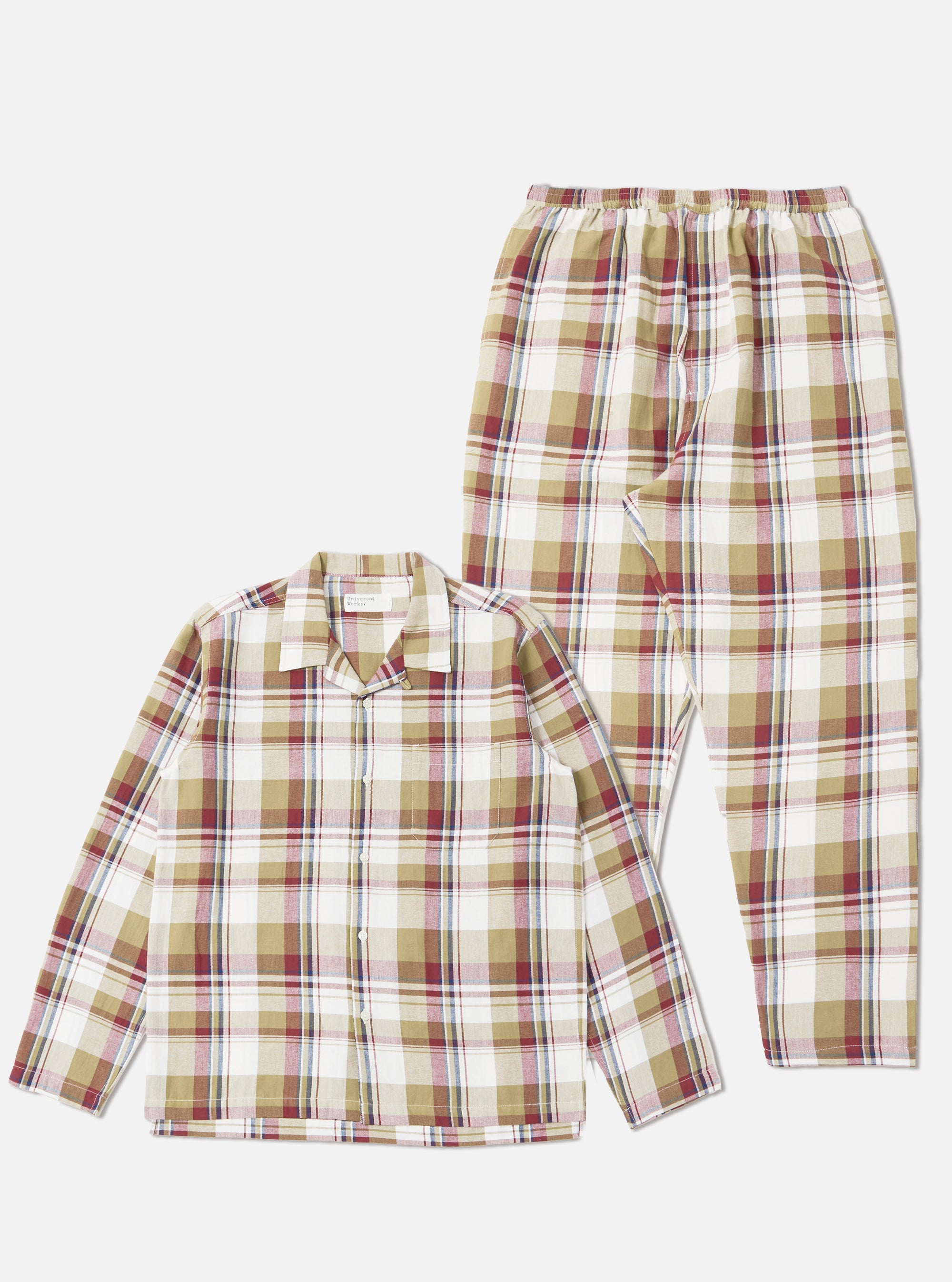 The Red/Brown Kip Check Long Pyjama Set is laid out on a white background. The set features a red, brown, and white check pattern.