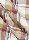 Close-up of the Red/Brown Kip Check Long Pyjama Set fabric. The soft, brushed cotton features a classic red, brown, and blue check pattern on a white background. 