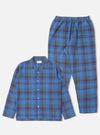 The Blue Kip Check Long Pyjama Set is laid out on a white background. The set features a blue, green, and maroon plaid pattern.