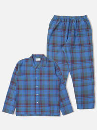 The Blue Kip Check Long Pyjama Set is laid out on a white background. The set features a blue, green, and maroon plaid pattern.
