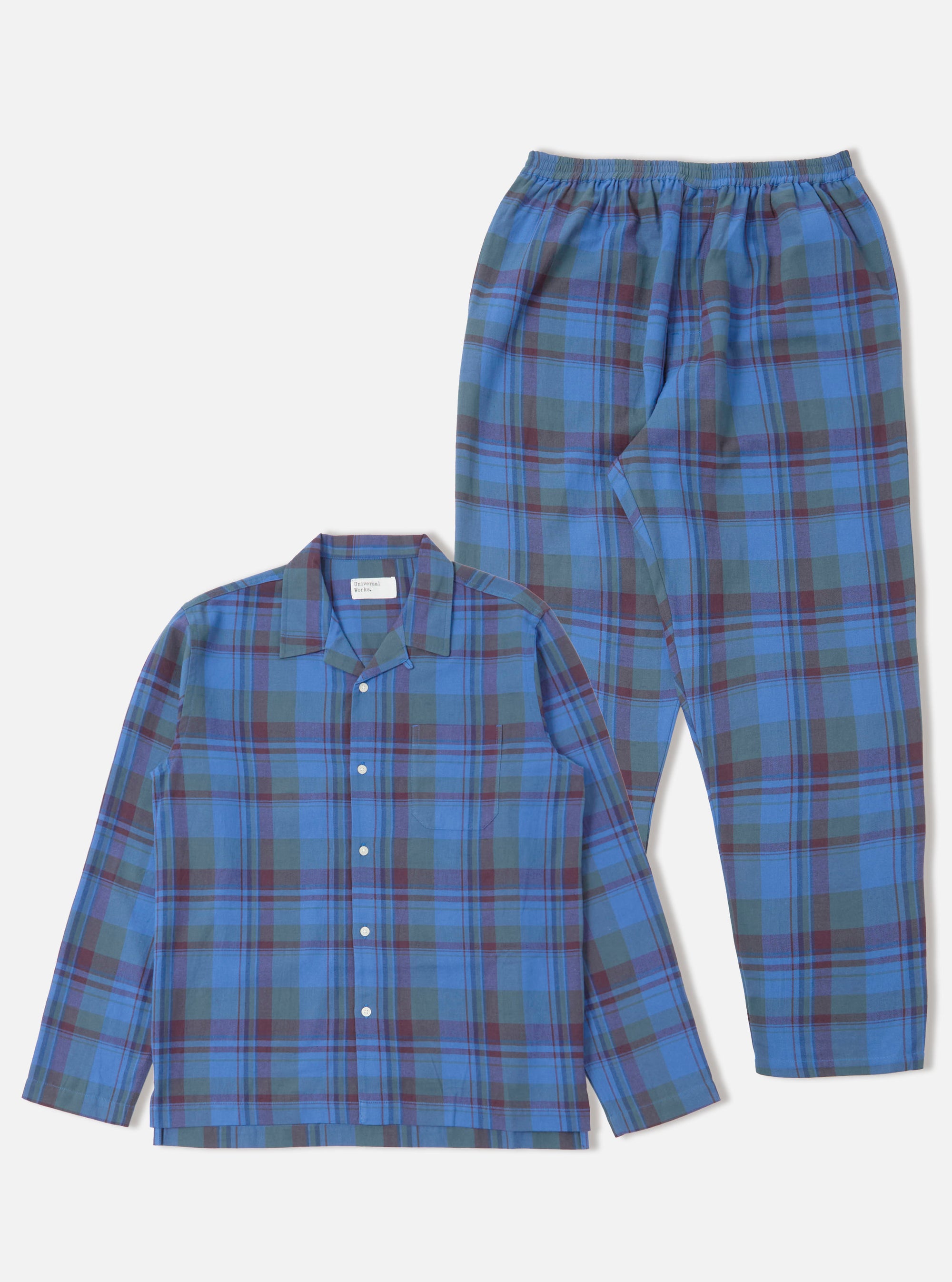 The Blue Kip Check Long Pyjama Set is laid out on a white background. The set features a blue, green, and maroon plaid pattern.