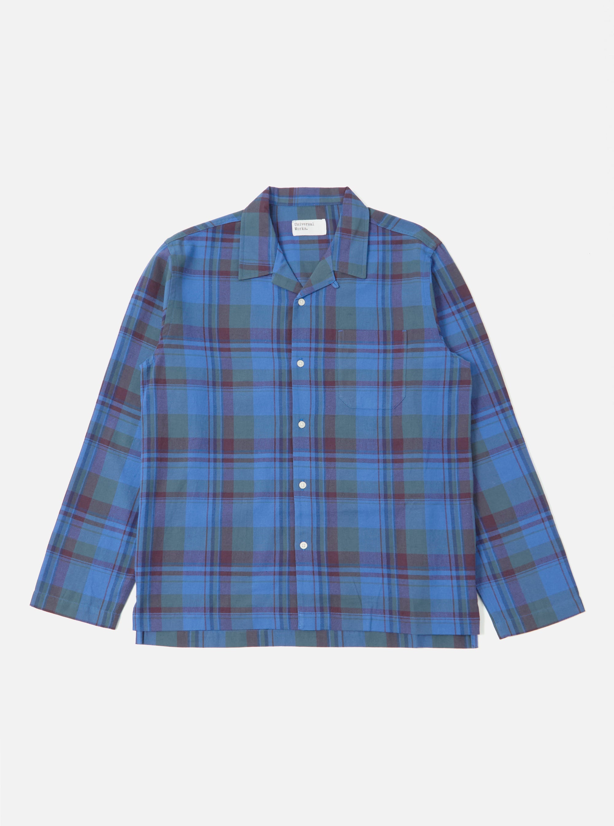 The Blue Kip Check Long Pyjama Set top, laid flat on a white background. The shirt is blue with a green and burgundy check pattern and white buttons.