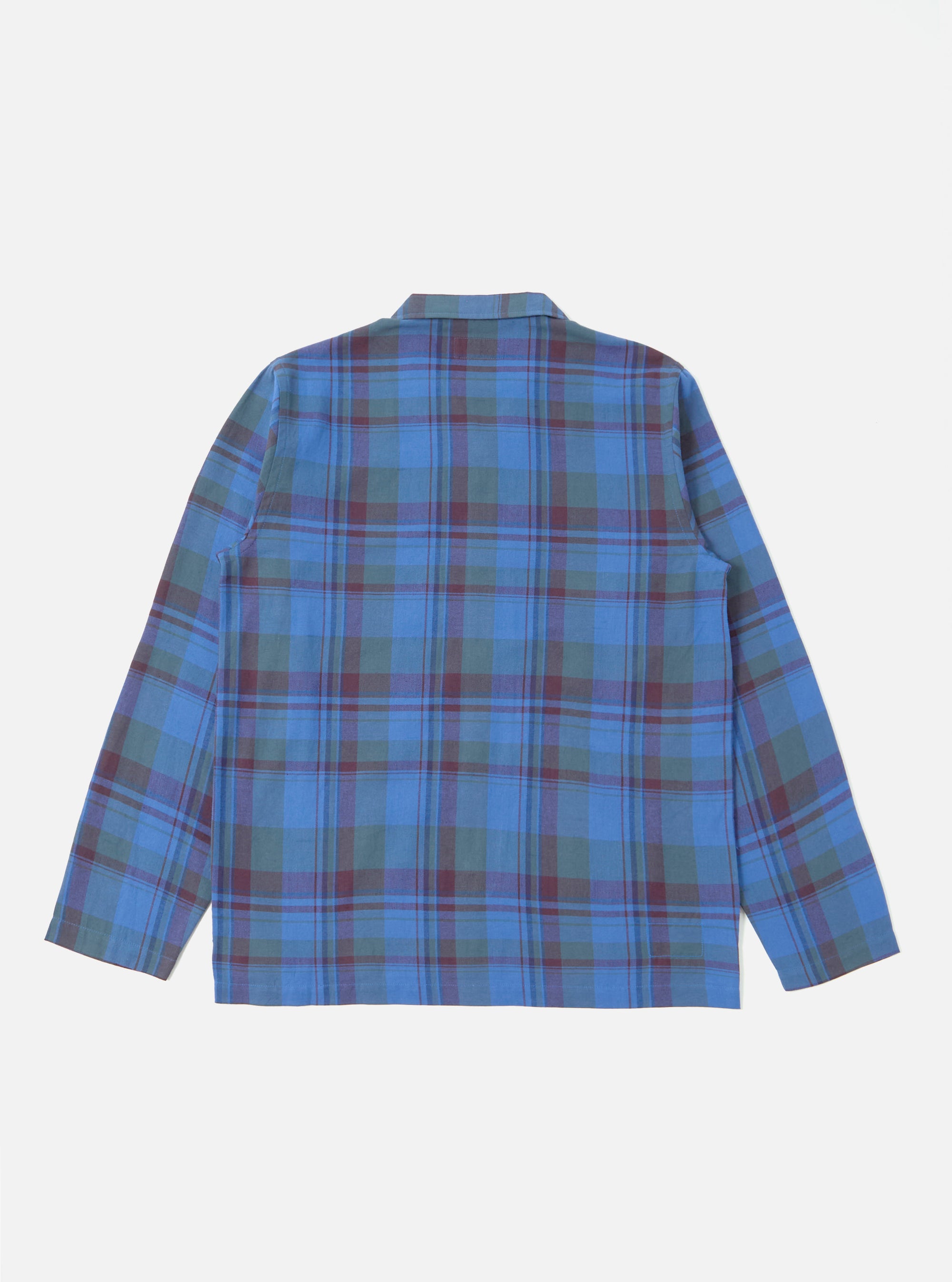 The Blue Kip Check Long Pyjama Set, laid flat on a white background. The set features a blue, green, and maroon plaid pattern.
