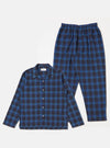 The Navy/Blue Check Long Pyjama Set is laid out on a white background. The set features a blue and navy check pattern. The top is a button-down shirt with long sleeves and a collar.