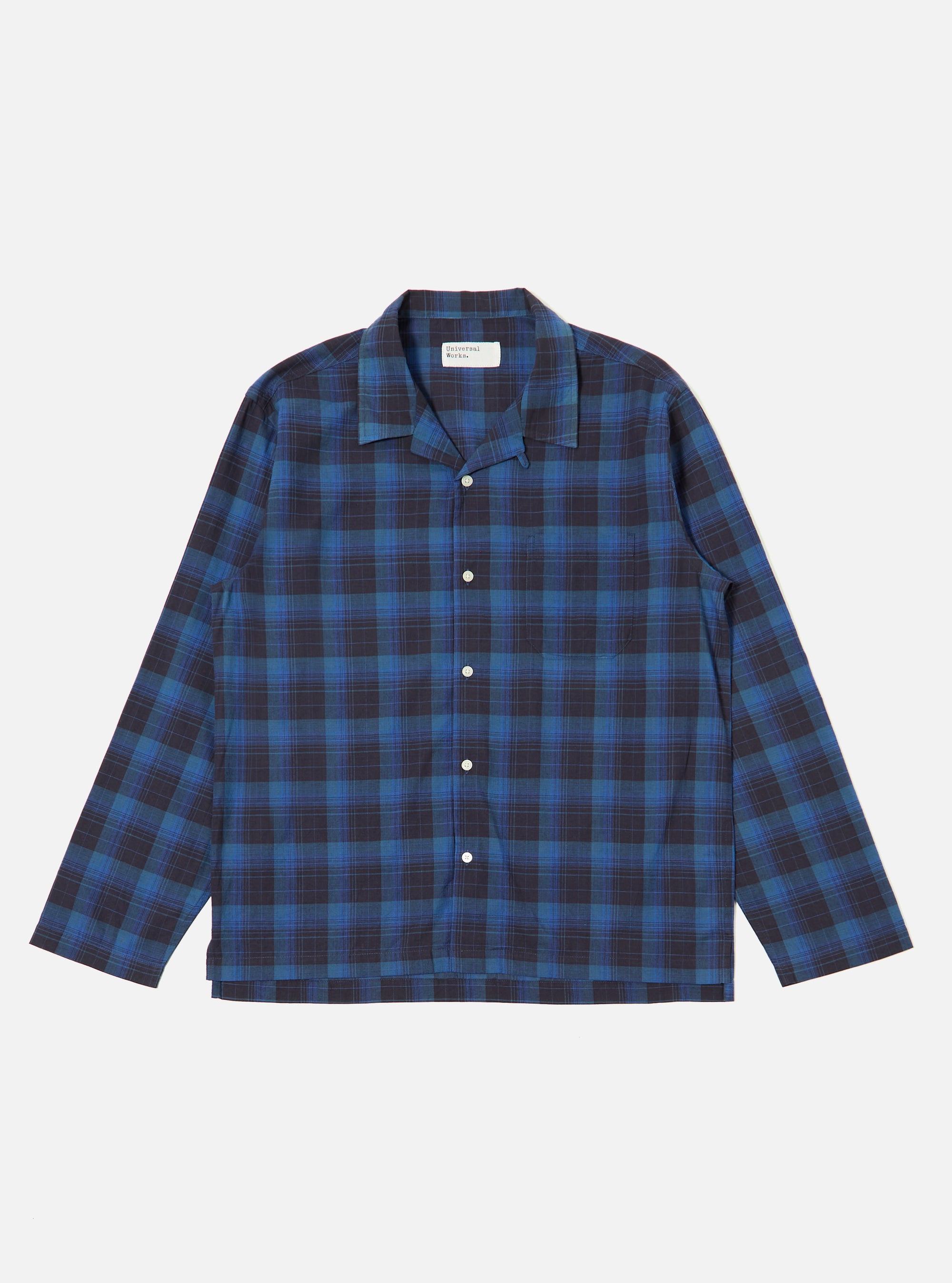 Close-up of the Navy/Blue Check Long Pyjama Set top on a white background. The long-sleeved shirt features a navy and blue check pattern and white buttons.