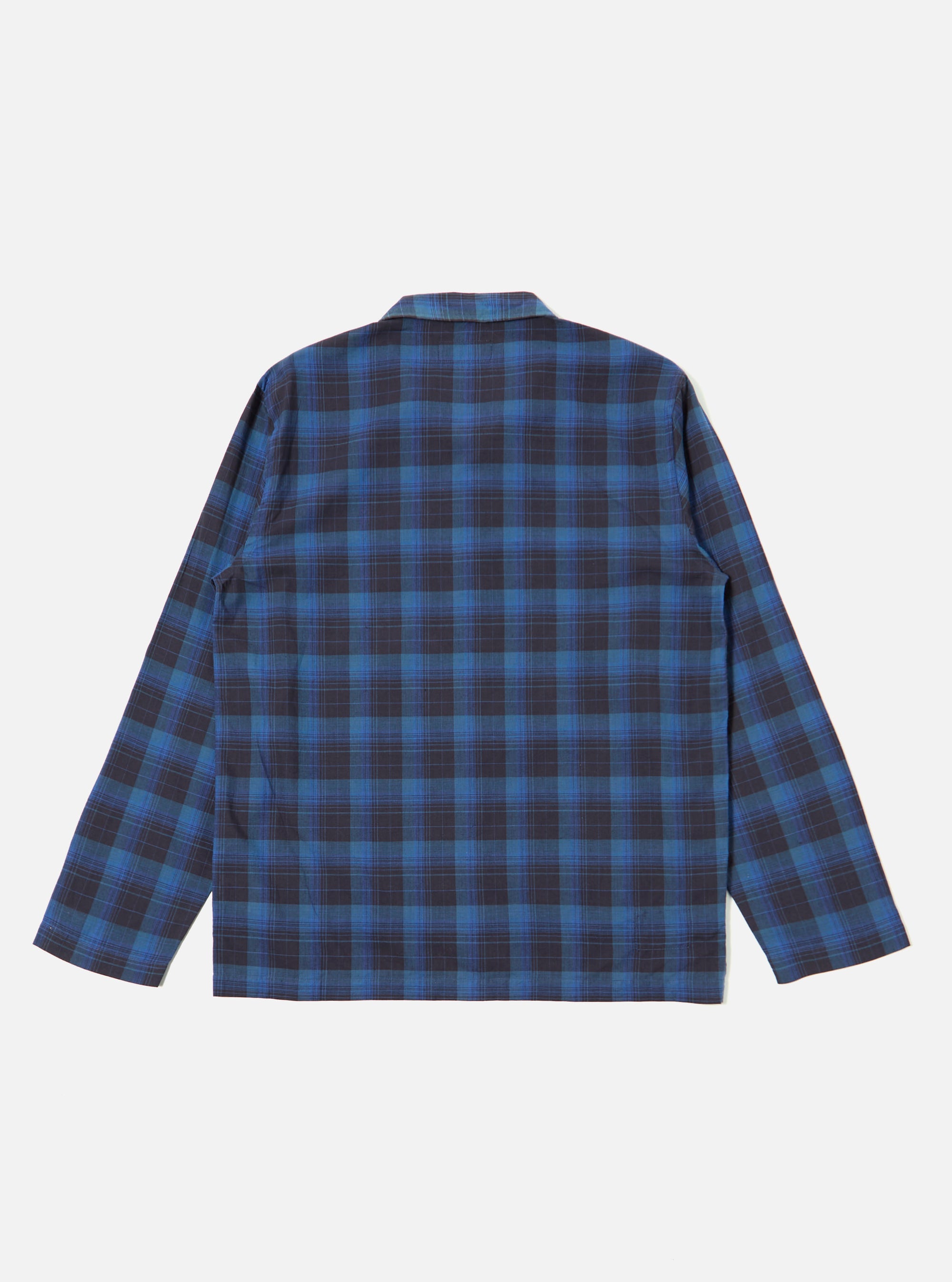 The Navy/Blue Check Long Pyjama Set, laid flat on a white background. The set features a blue and navy check pattern.
