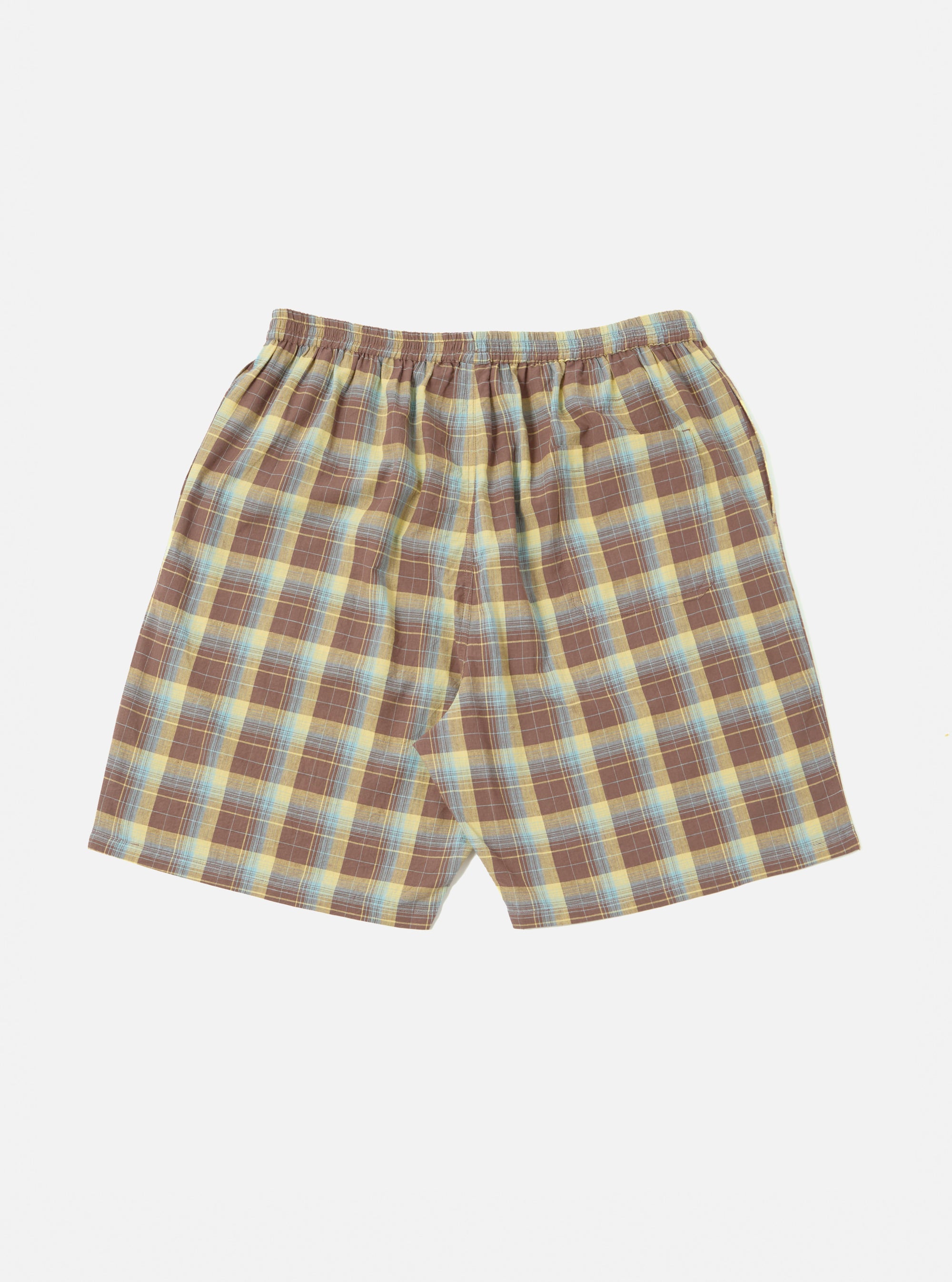 The Yellow/Brown Check Short Pyjama Set. The shorts are laid flat on a white background. The shorts have a yellow, brown, and blue check pattern.