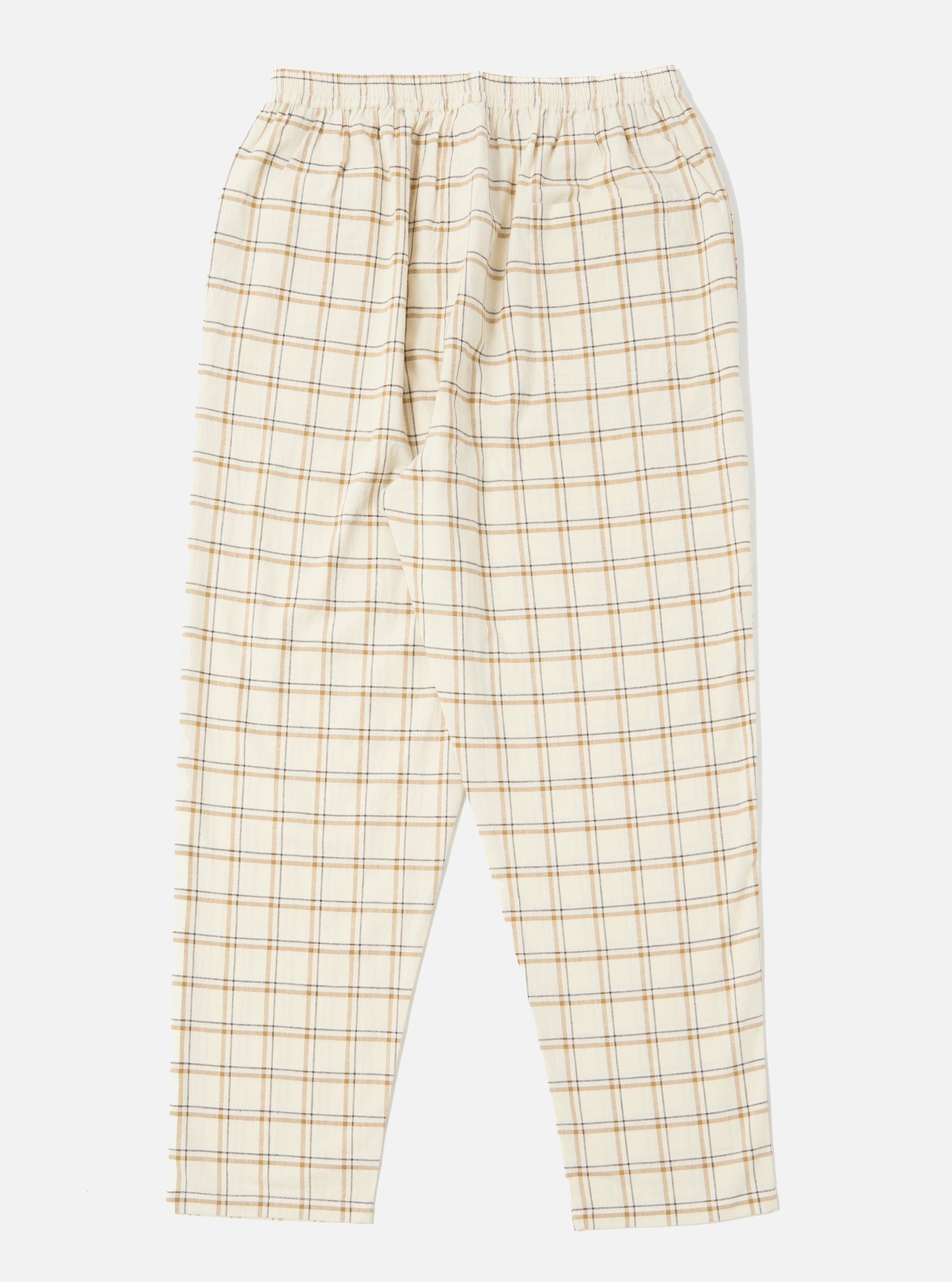 The Ecru PJ Plaid Pyjama Pant, laid flat on a white background. The pants are ecru with a brown and gray plaid pattern and an elastic waistband.